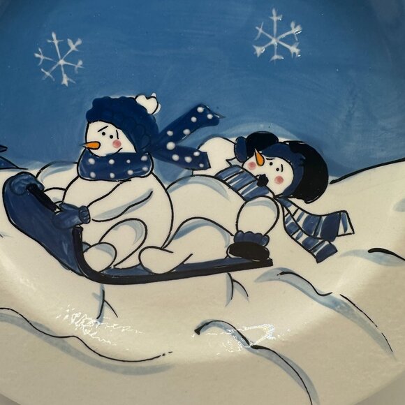 Snow Valley Hand Painted Plate Snowman Sledding Scene Winter Design By Tony Mier - Picture 2 of 4